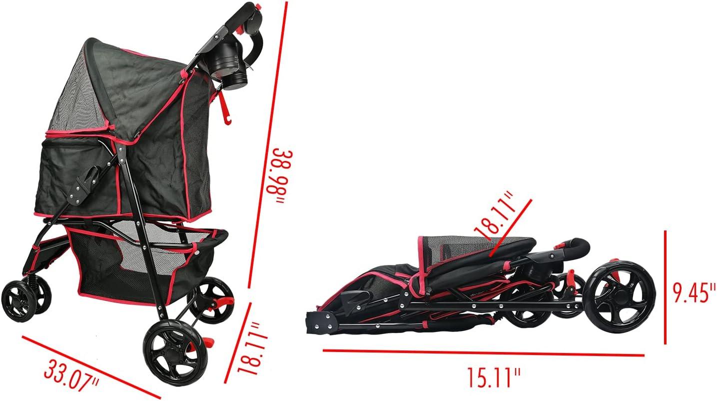 Black and Red Foldable Pet Stroller with Mesh Cover