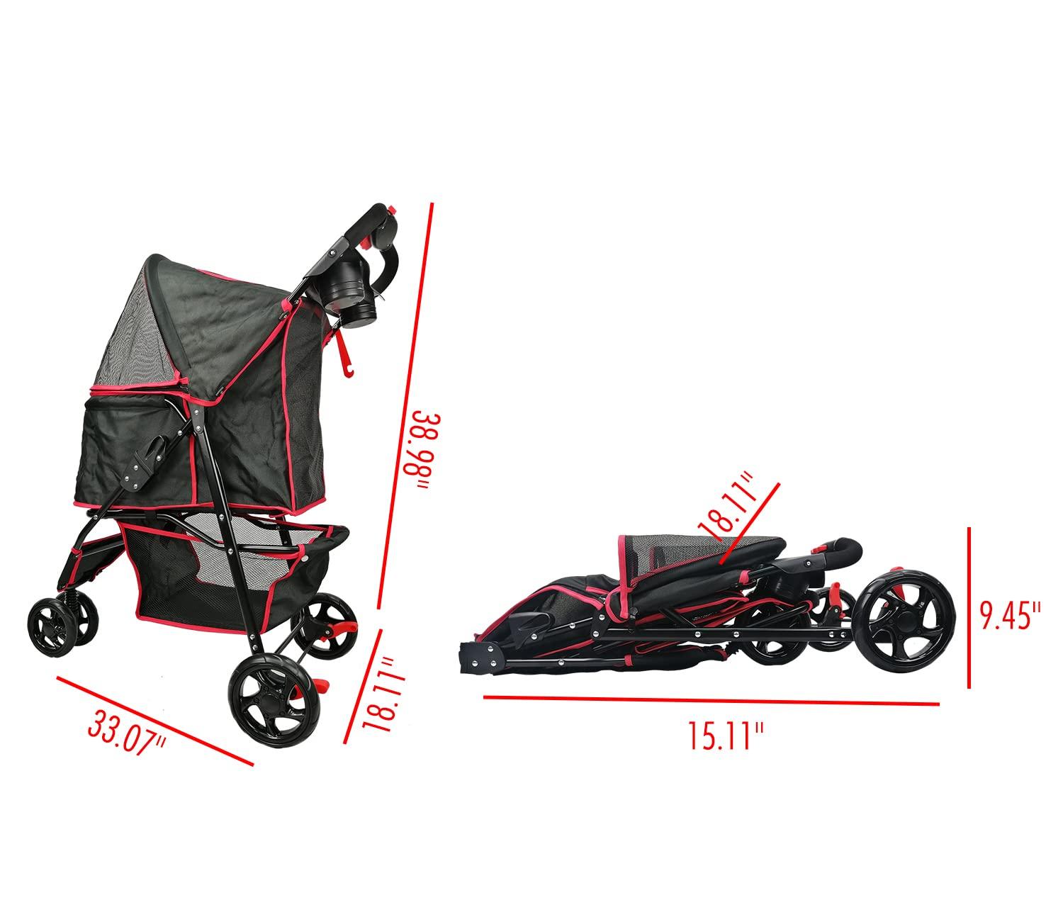 Black and Red Foldable Pet Stroller with Mesh Cover