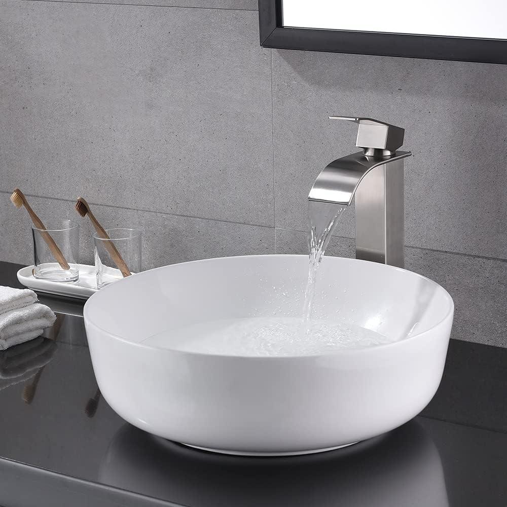 Round White Ceramic Above-Counter Vessel Sink with Faucet