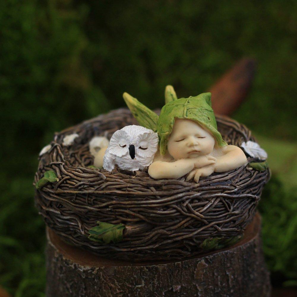 Top Collection 4202 Sleeping Fairy Baby with Owl in Nest Figurines, White, Brown, Cream, Green