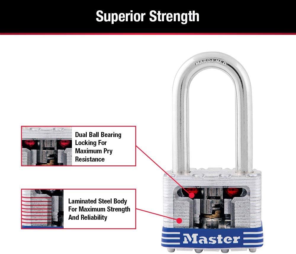 Master Lock Shackle 1 9/16" Key Padlock: Steel, Pin-Tumbler, Outdoor Gate Use, Automatic Locking, Silver, Storage Lock