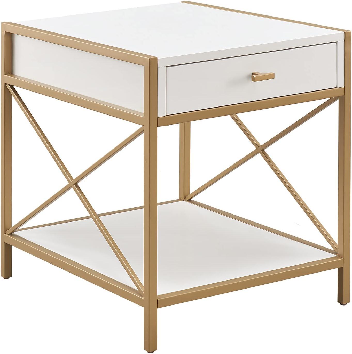 Claudette Gold Metal Frame and White Wood Top End Table with Drawer