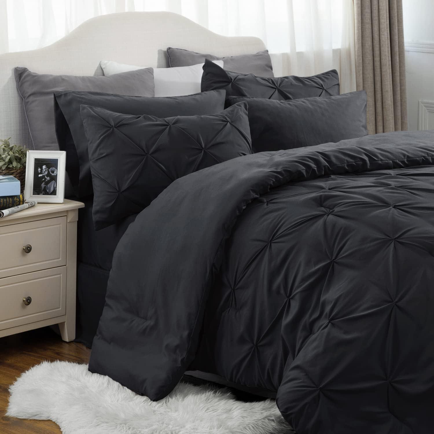 Black King Size Comforter Set - Bedding Set King 7 Pieces, Pintuck Bed in a Bag Black Bed Set with Comforter, Sheets, Pillowcases & Shams