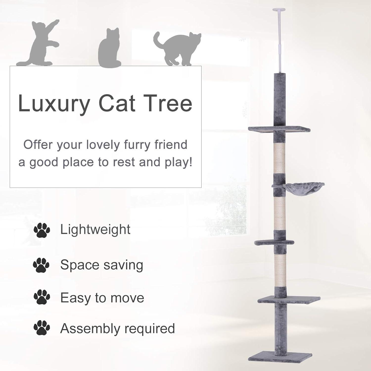 Pawhut Adjustable Height Floor To Ceiling Vertical Cat Tree, Gray and White, 9'