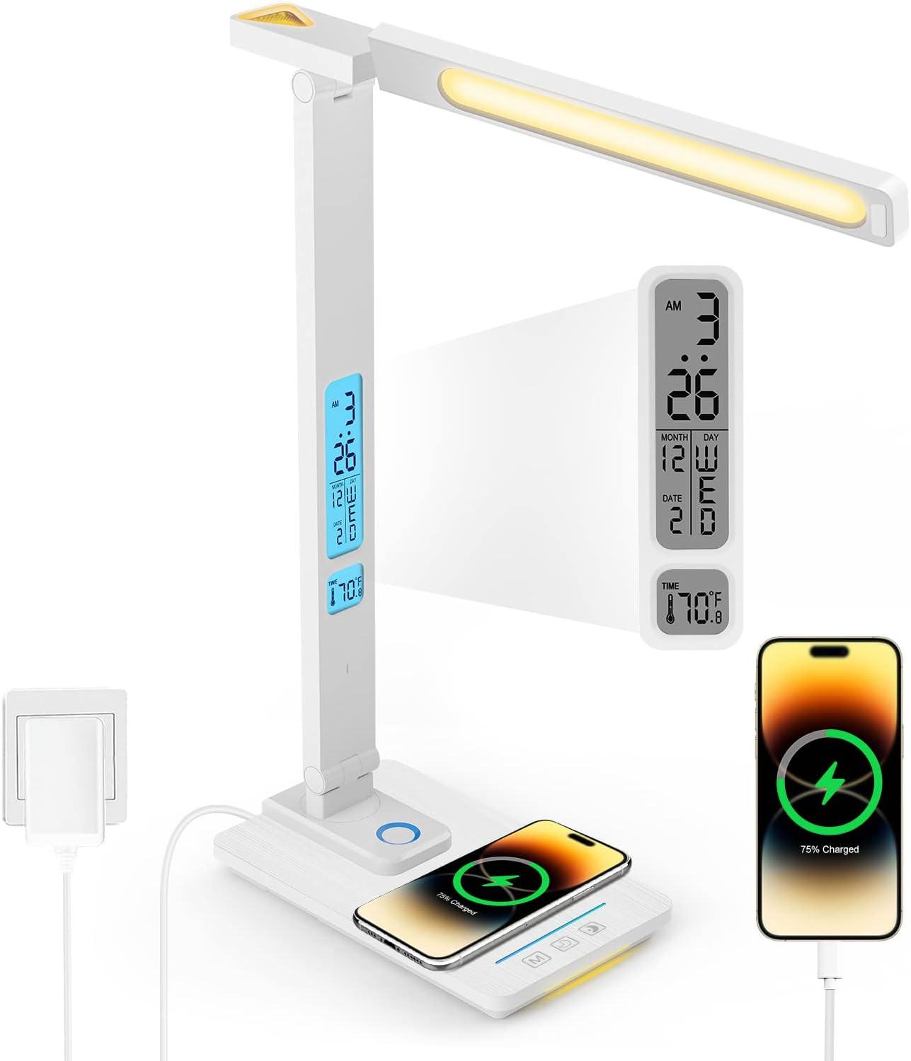 White Adjustable LED Desk Lamp with Wireless Charger and Clock