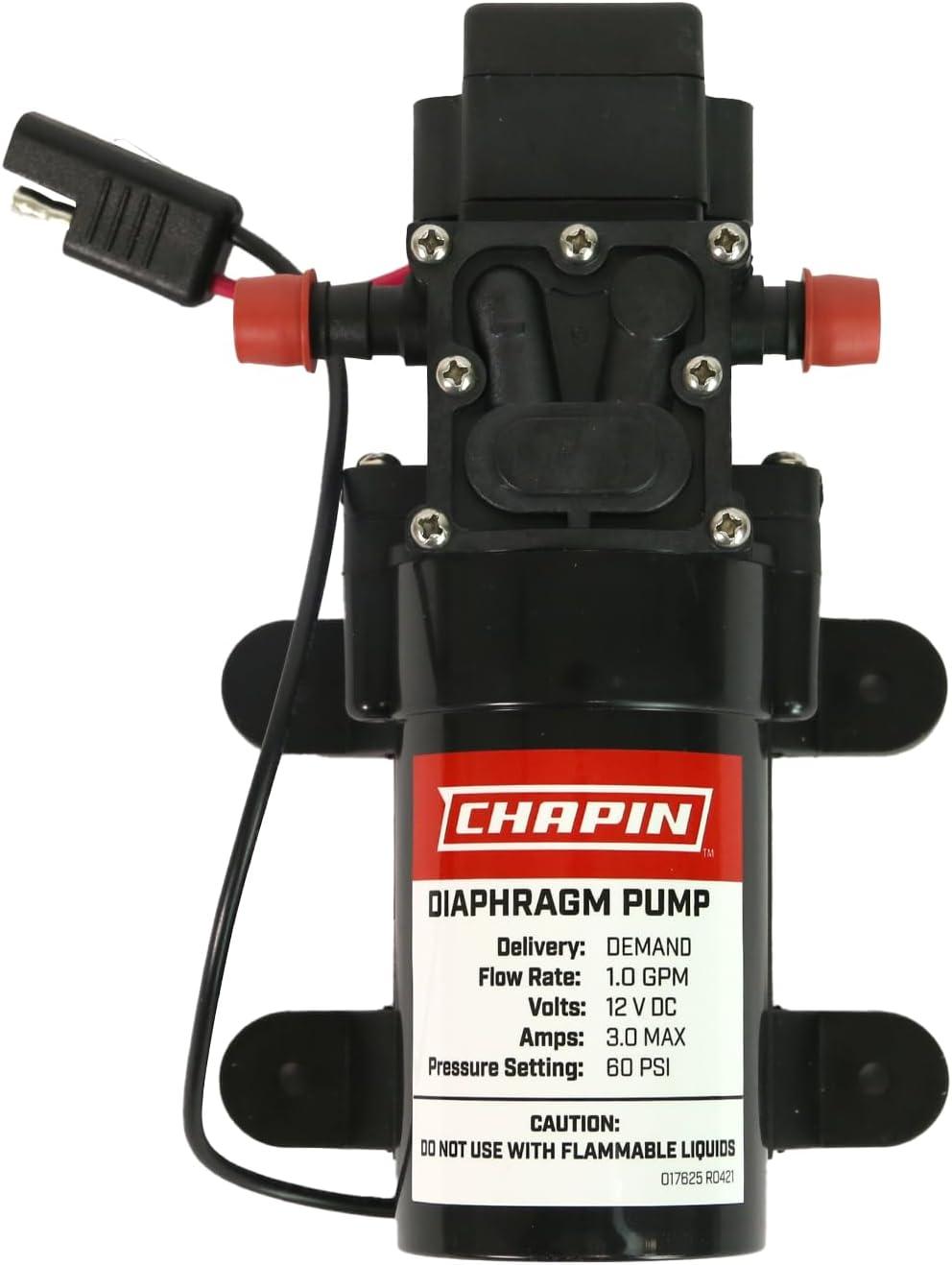 Chapin 6-9219 12V/1.0 GPM 60 PSI Self-Priming Diaphragm Water Pump for ATVs, Marine, Boating, Water Supply, Camping, RV Recreation & Boom Spray Systems, Black