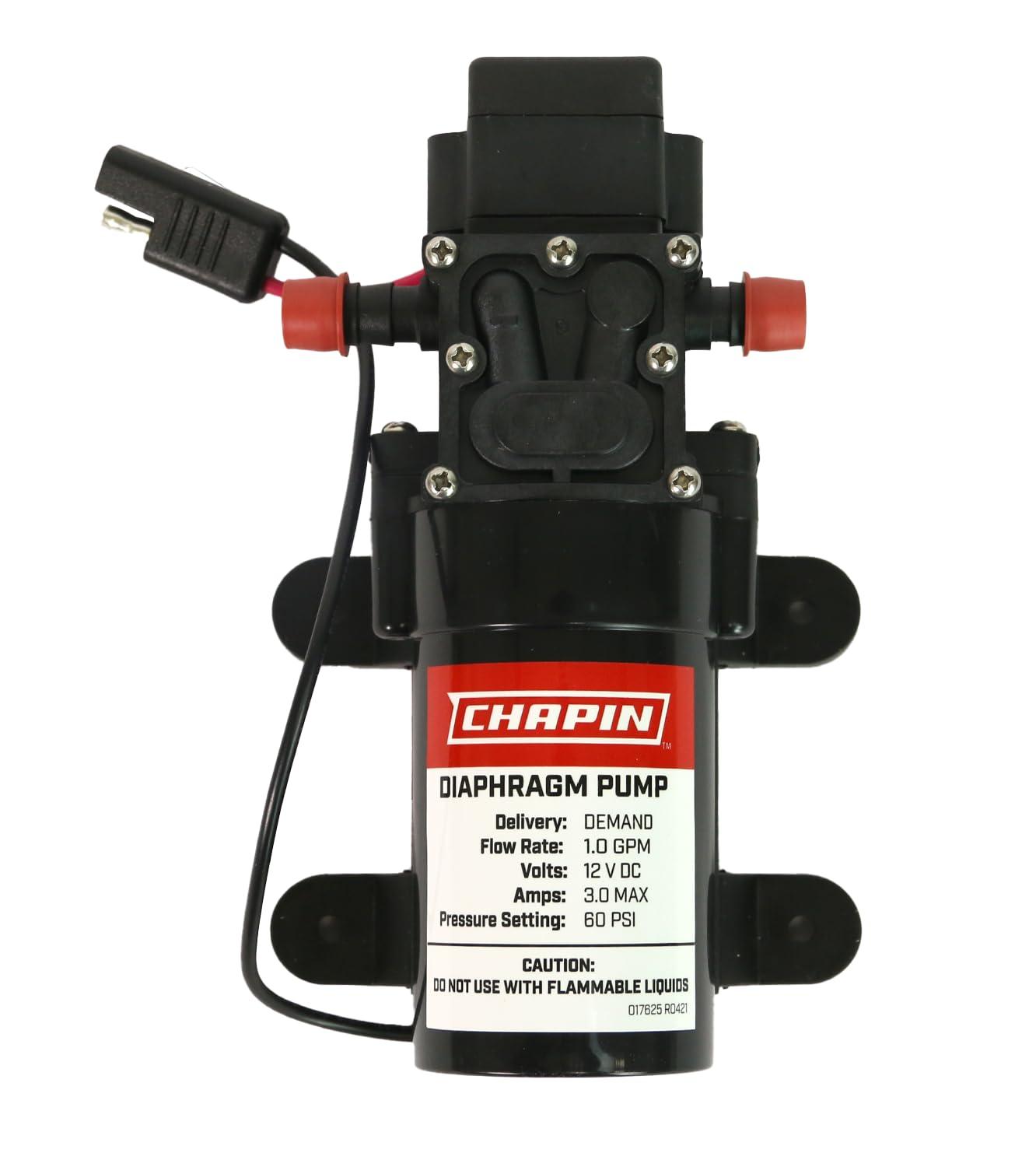 Chapin 6-9219 12V/1.0 GPM 60 PSI Self-Priming Diaphragm Water Pump for ATVs, Marine, Boating, Water Supply, Camping, RV Recreation & Boom Spray Systems, Black