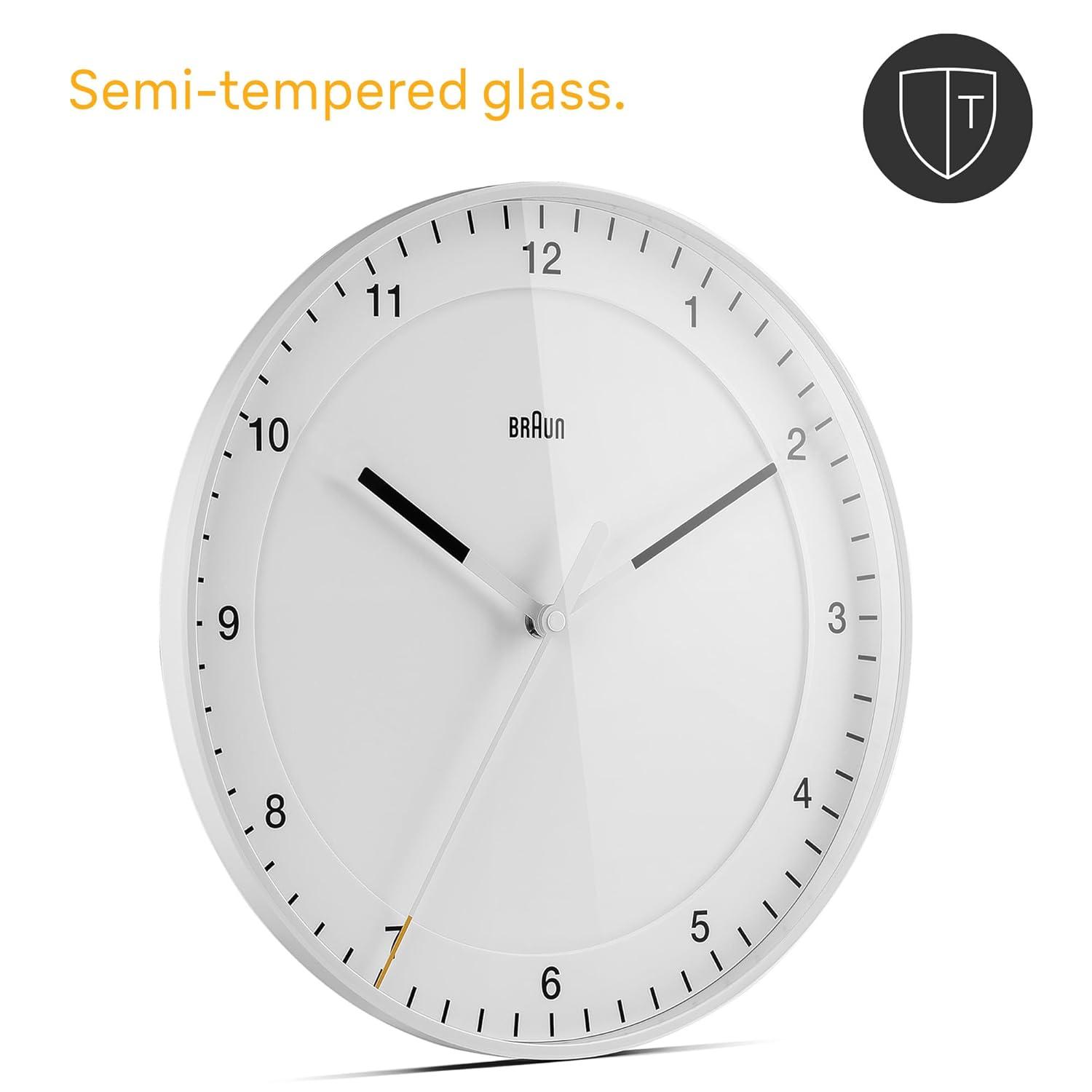 Braun Classic Large Analogue Wall Clock with Silent Sweep Movement, Easy to Read, 30cm Diameter in White, Model BC17W.