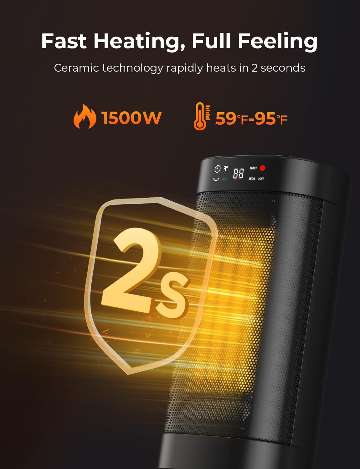 1500W Space Heaters for Indoor Use, PTC Ceramic Electric Heater Fast Heating with Remote, ECO, 59-95°F Digital Thermostat, Child Lock, 24H Timer, Oscillating Portable Electric Heater for Large Room