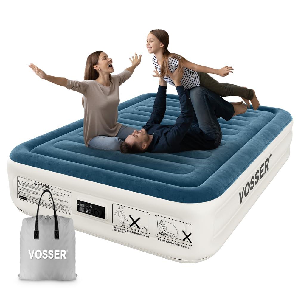 Queen Blue and White Raised Air Mattress with Built-in Pump