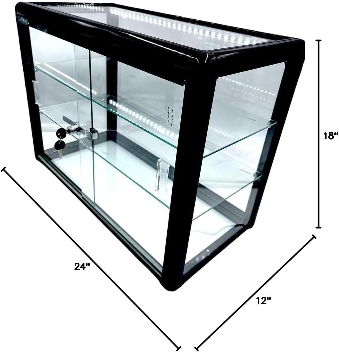 Only Garment Racks Elegant Black Aluminum Display Table Top Tempered Glass Show Case. Sliding Glass Doors with Lock