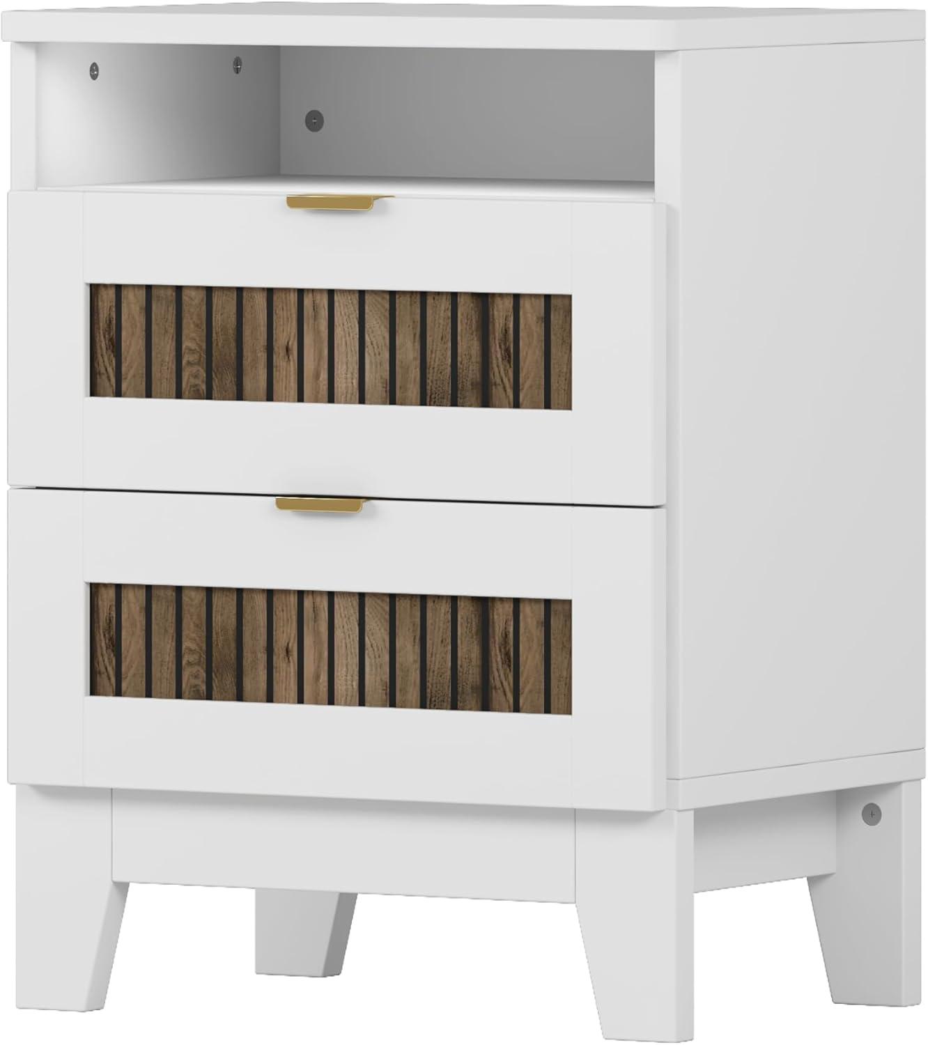 4 Pieces Bedroom Sets Queen Size Farmhouse Platform Bed with Wooden Strip Decoration, 2 Storage Nightstands and A 6-Drawer Dresser with Metal Handle for Kids Teens Adults - White