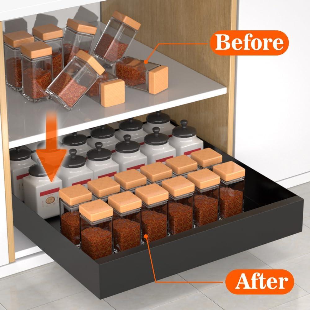 Pull Out Cabinet Organizer, Carbon Steel Cabinet Drawers Slide Out, Pantry Storage Shelves with Nano Adhesive Strip for Kitchen, Bathroom and Living Room 10.3" W X 17.0" D X 2.8H Grey