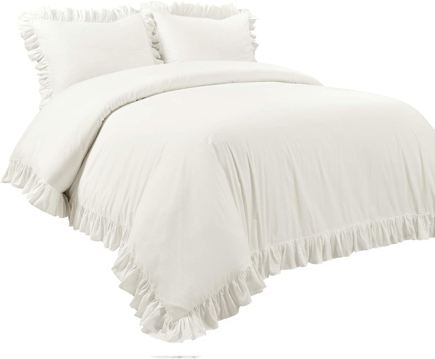 Off-White Ruffled Cotton Full/Queen Duvet Cover Set