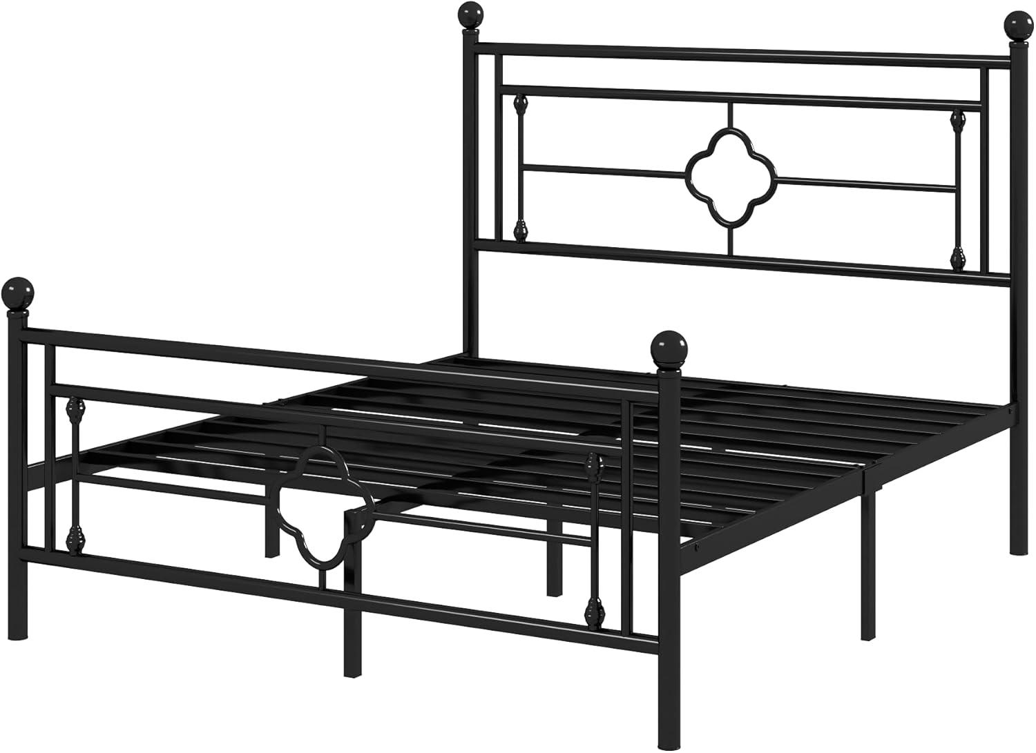 Black Queen Metal Platform Bed Frame with Victorian Headboard and Storage