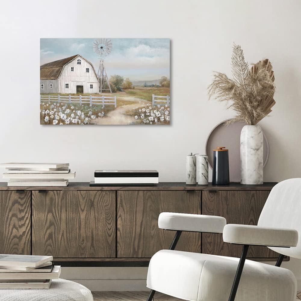 Rustic White Barn and Windmill Canvas Wall Art