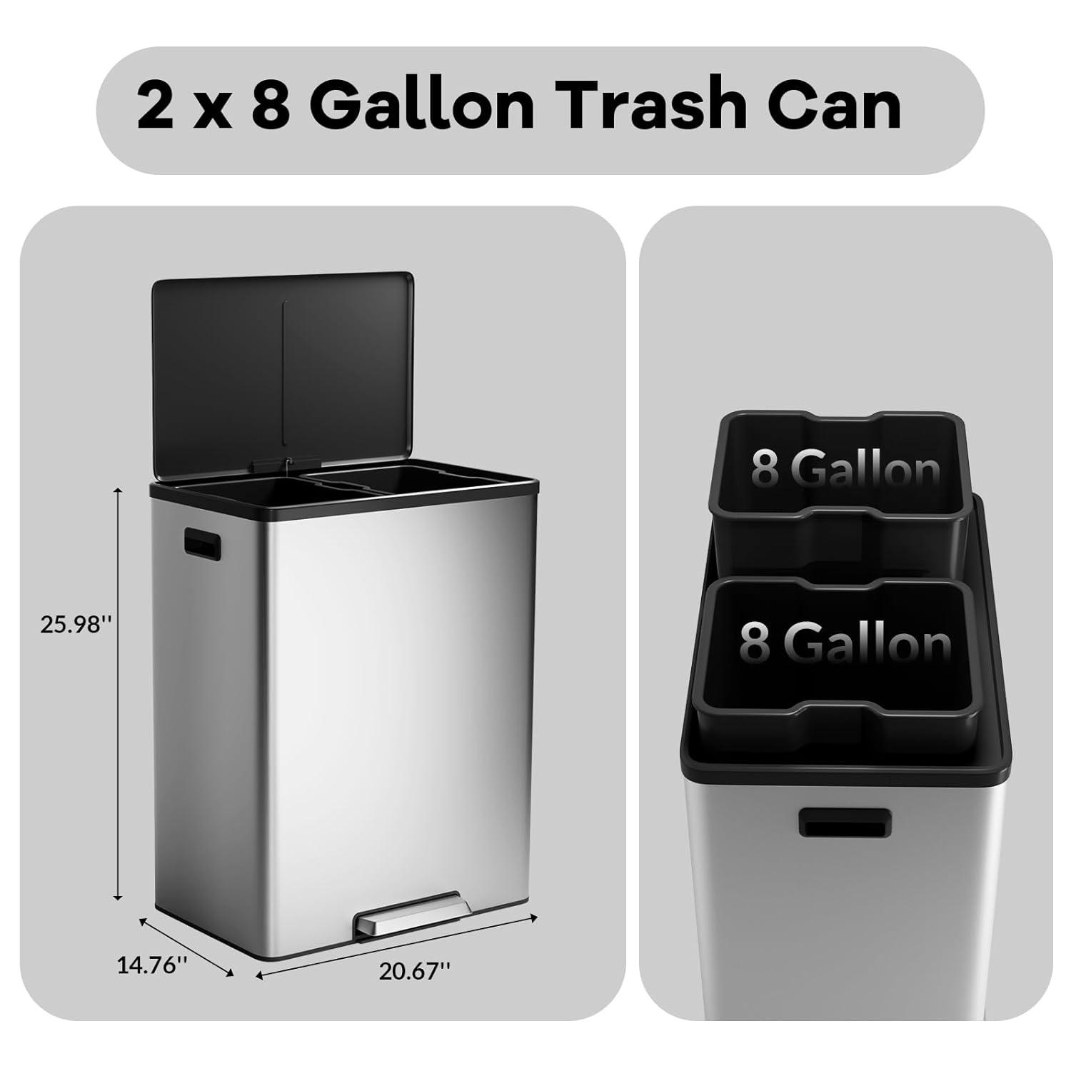 GlowSol Dual Trash Can for Recycling and Trash, Stainless Steel Kitchen Trash Can with Lid and Foot Pedal, Double Compartment Garbage Can, Trash Can with Recycling Bin (2 x 15 L)