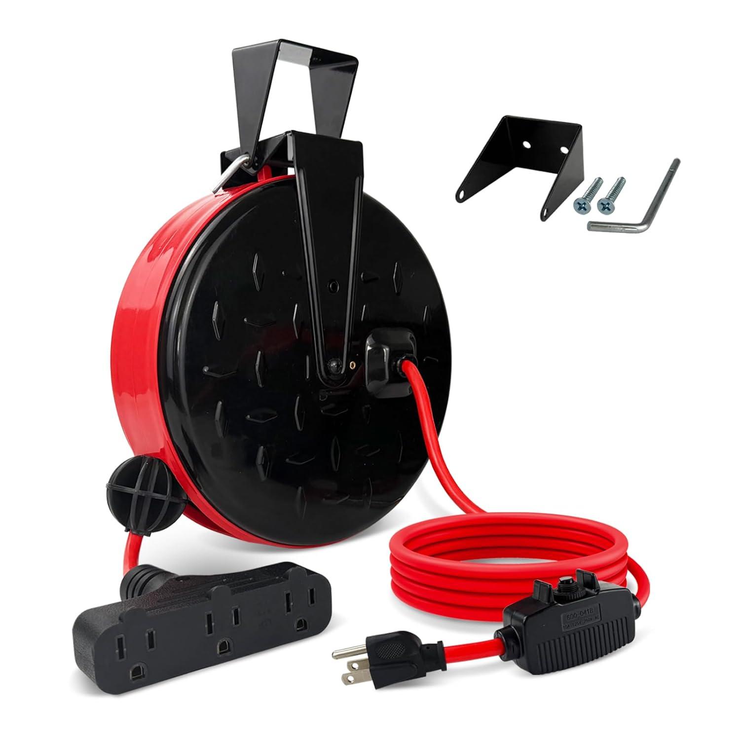 EP 30 Ft Retractable Extension Cord Reel, 16/3 SJTW Power Cord with 3 Electrical Outlets, Ceiling or Wall Mount, 10 Amp Circuit Breaker, Metal Plate, UL Listed, Red