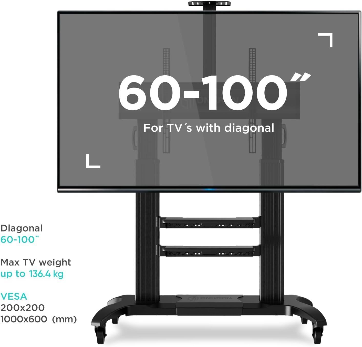 ONKRON Mobile TV Stand for 60-100 Inch Flat/Curved TV up to 301 lbs, Heavy Duty TV Stand Height Adjustable