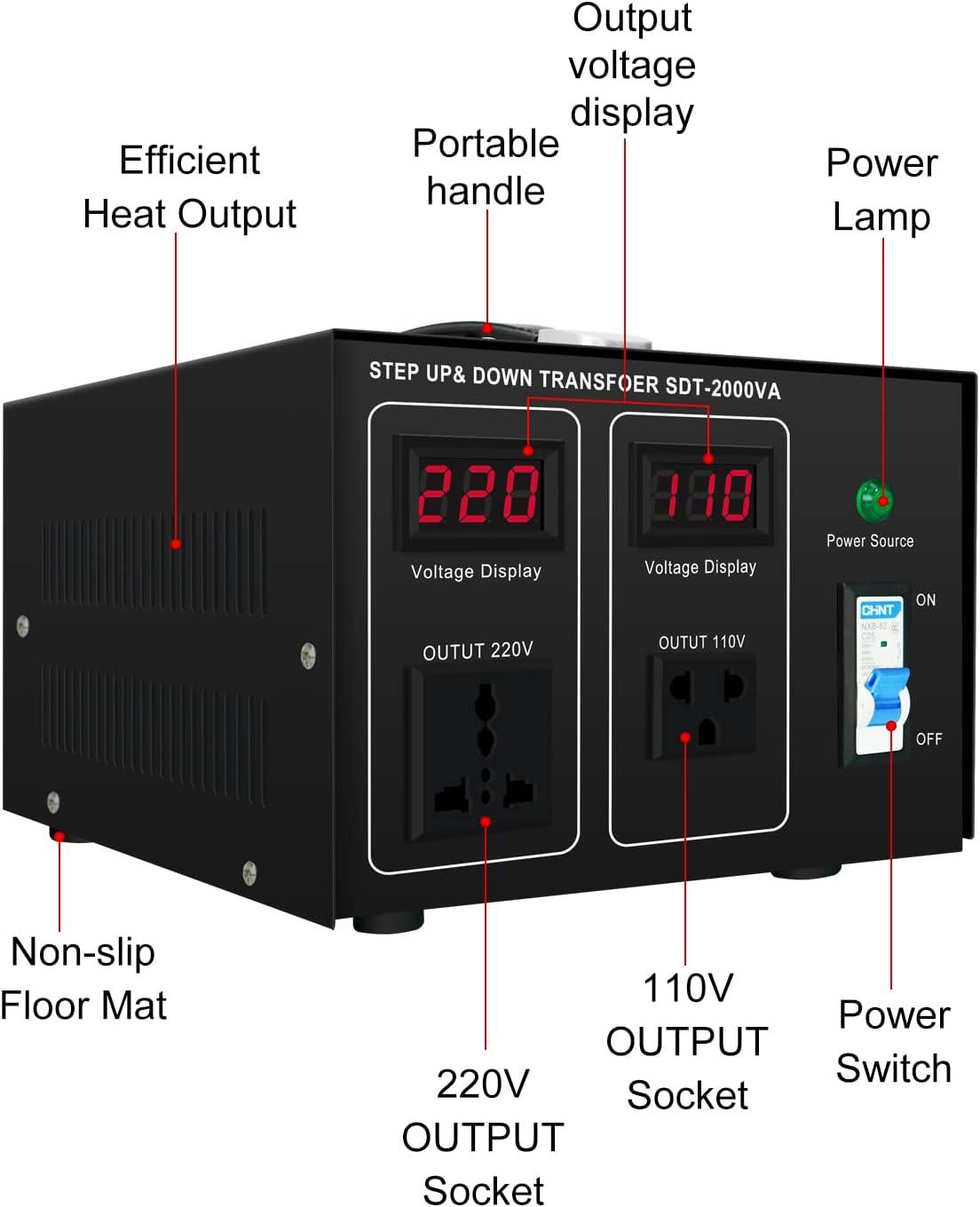 Black 2000W Step Up/Down Voltage Converter Transformer