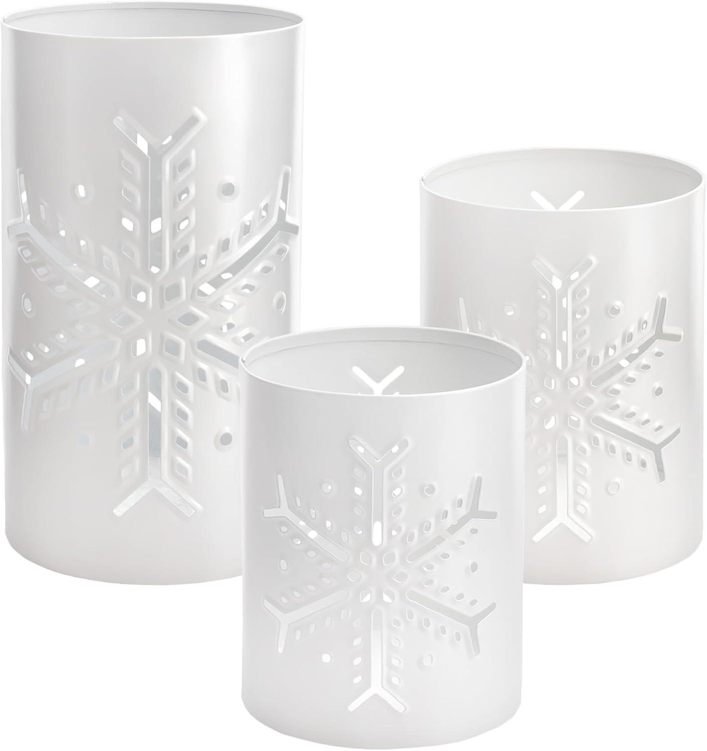 White Enamel Snowflake Candle Lantern Set, 3-Piece