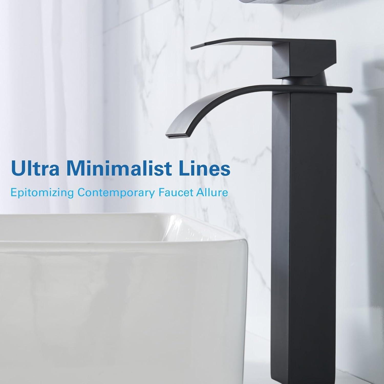 Waterfall Bathroom Faucet Single Handle，Bathroom Sink Faucet 1 Hole，Waterfall Faucet for Bathroom Sink，Vessel Sink Faucet Matte Black Tall Bathroom Faucet