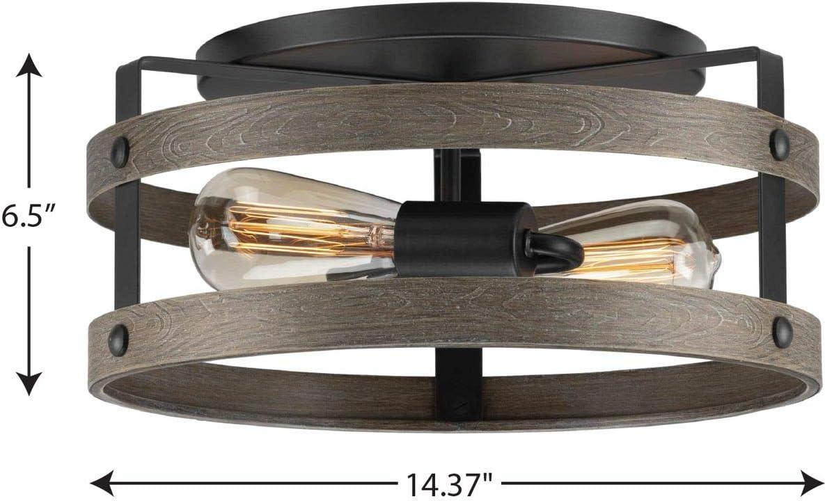 Progress Lighting Gulliver 2-Light Flush Mount Ceiling Light, Graphite, Open-Cage Design, Faux-Wood Finish