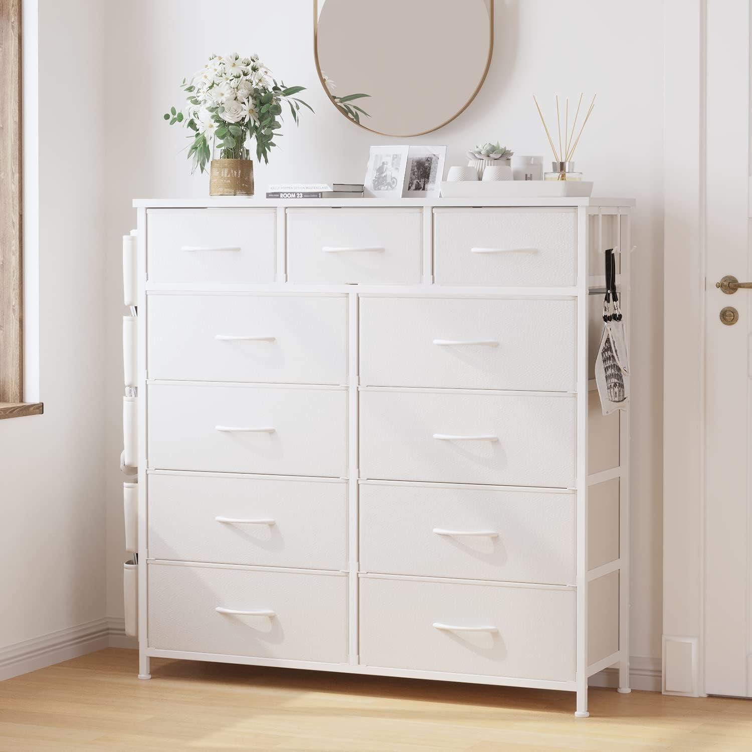 White Double Fabric Dresser with Side Pockets and Hooks