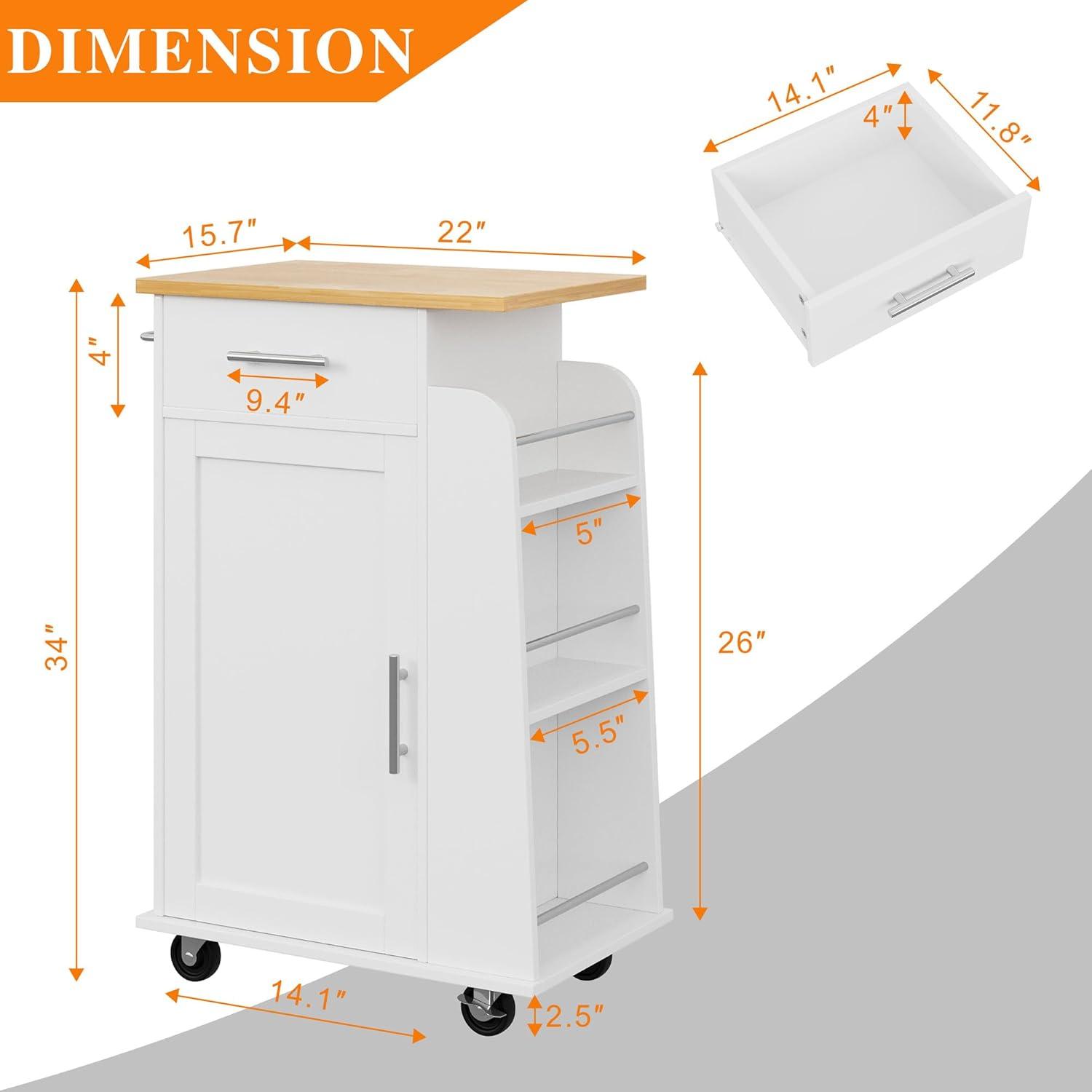 Sobaniilo Small Kitchen Island on Wheels with 3-Tier Side Spice Rack and Rubber Wood Top, Trolley Cart with Storage Cabinet & Drawer and Handle/Towel Rack, White