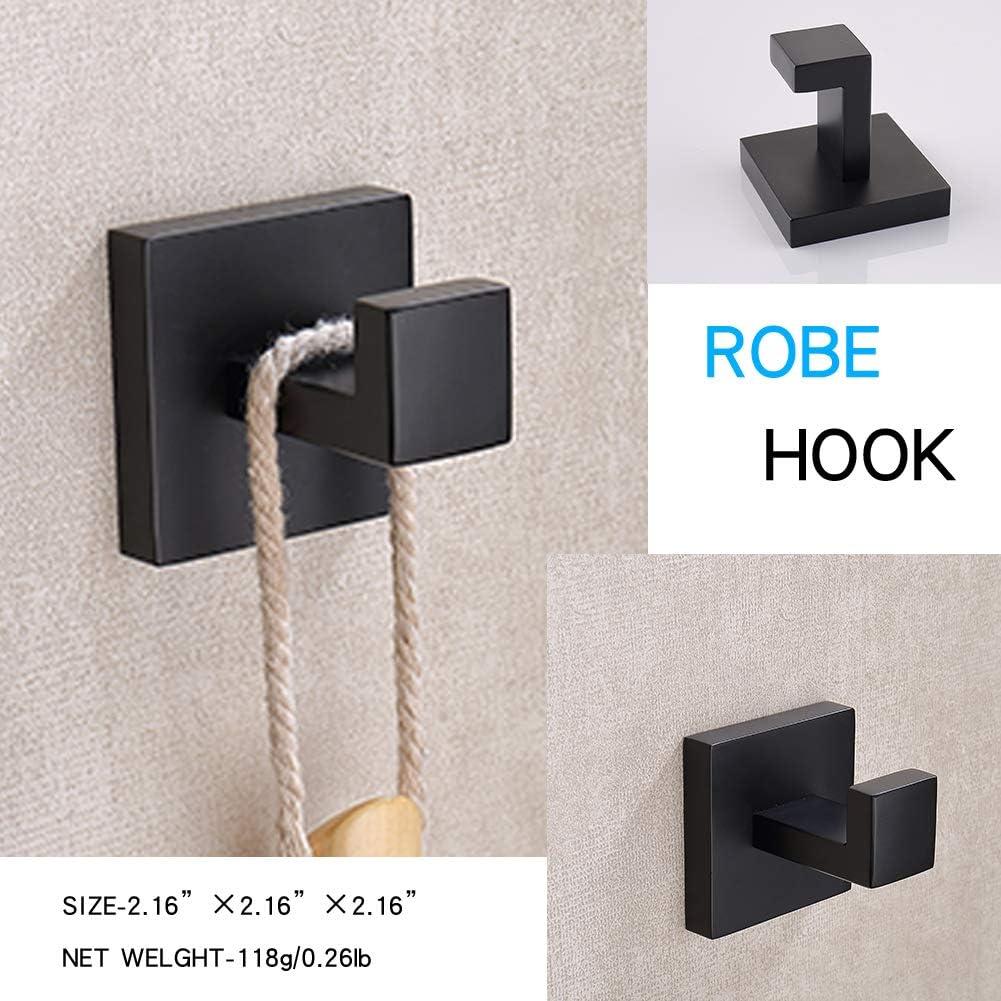 TASTOS Bath Towel Hooks Matte Black, 2 Pack Stainless Steel Robe Coat and Clothes Hook, Heavy Duty Wall Hook for Bathroom & Kitchen, Modern Square Style Wall Mounted (Black)