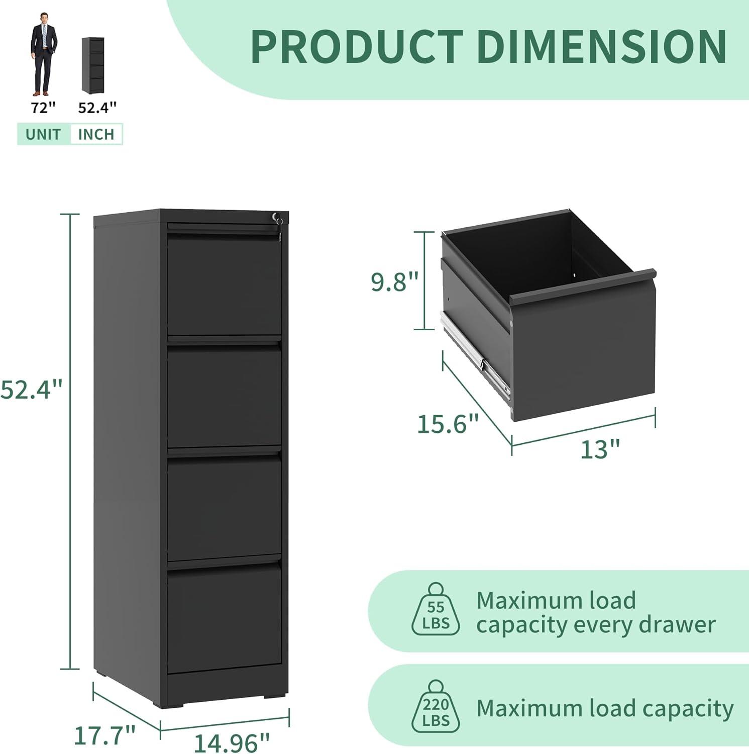 4 Drawer File Cabinet, 17.8" D Metal Filing Cabinets with Lock, Vertical Filing Cabinet for Home Office, Steel File Cabinet for Letter/Legal/A4/F4 Size, Easy Assemble (Black)