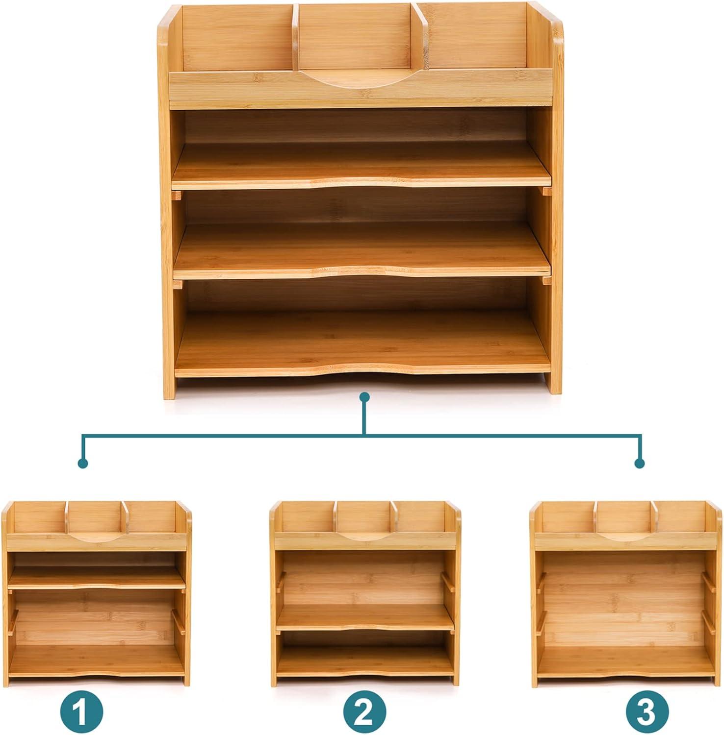 Hokku Designs Bamboo Desk File Organizer,Document Letter Tray Sorter With 2 Adjustable Shelves, 4 Tier Mail Organizer Countertop