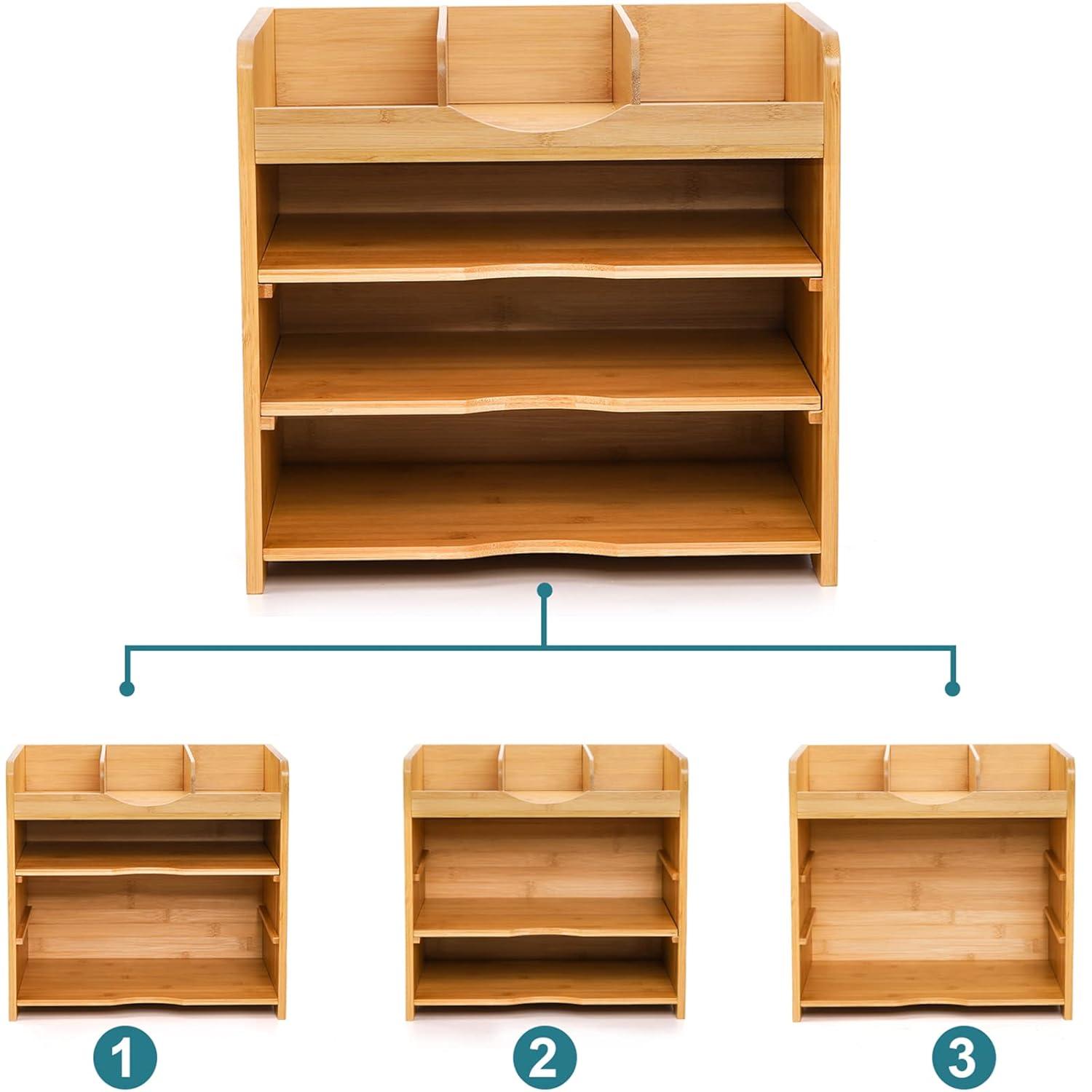 Hokku Designs Bamboo Desk File Organizer,Document Letter Tray Sorter With 2 Adjustable Shelves, 4 Tier Mail Organizer Countertop