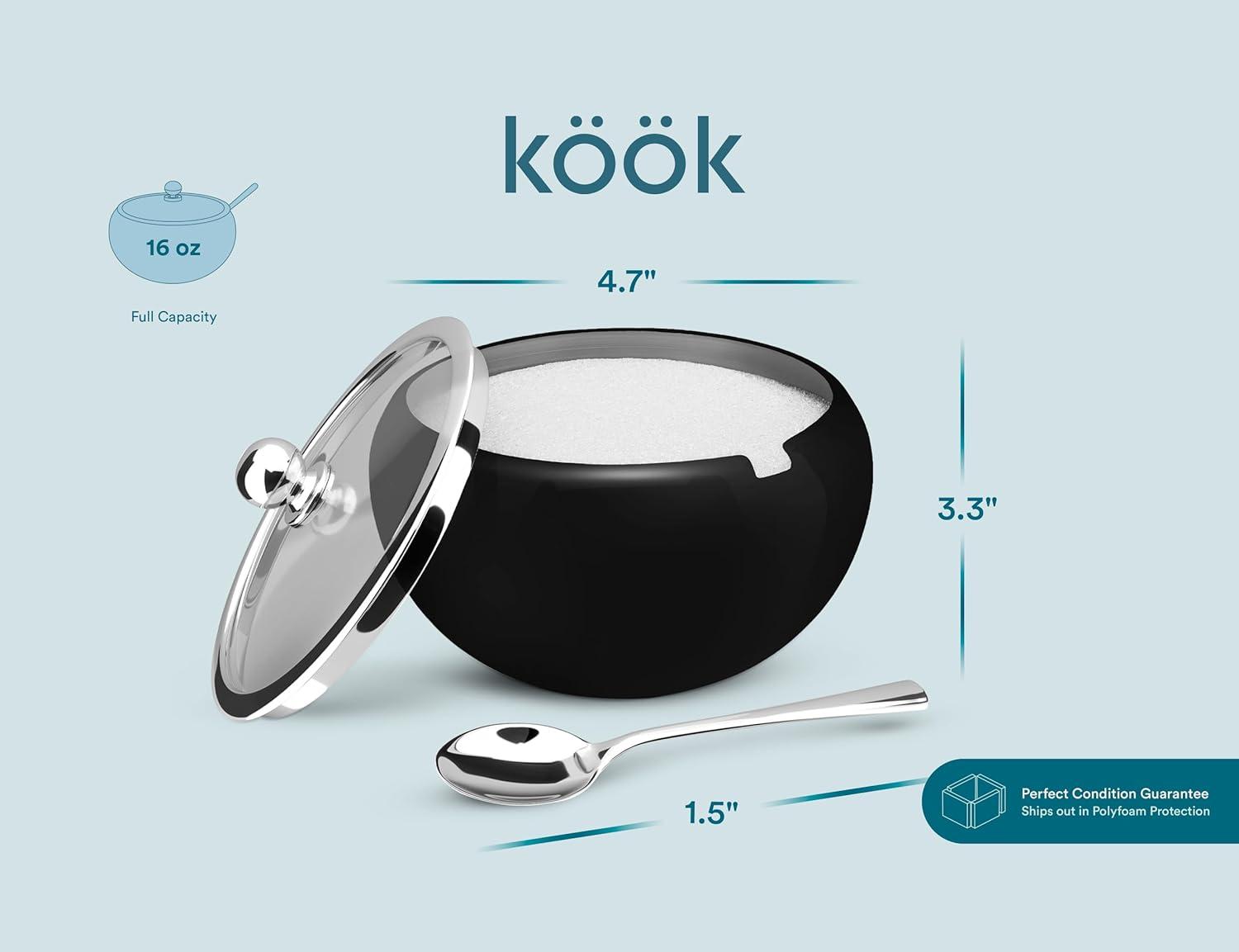 Kook Large Stainless Steel Sugar Bowl and Spoon, Glass Lid, 16 oz, Black