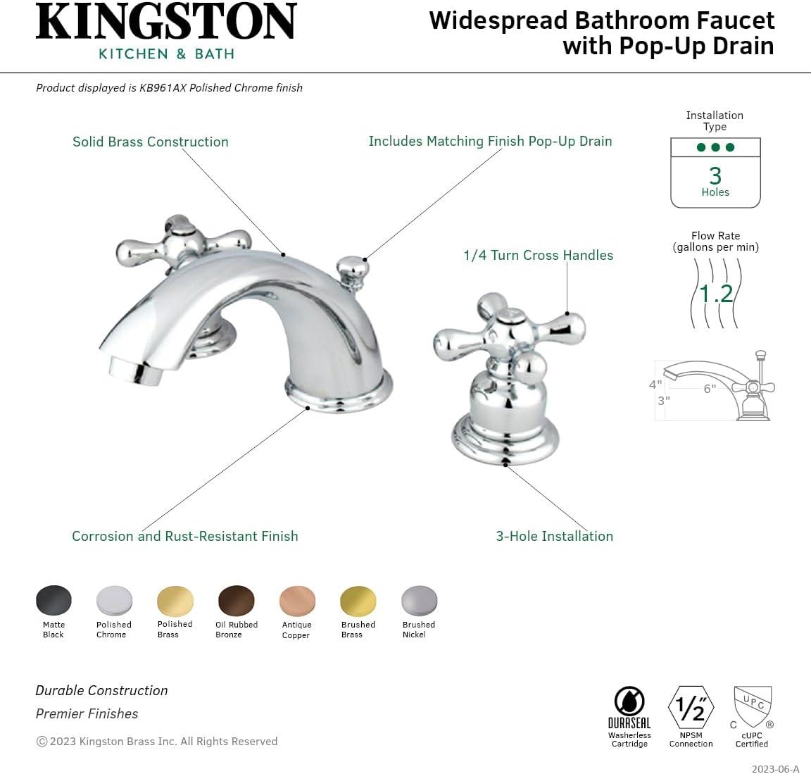 Kingston Brass Victorian Two-Handle 3-Hole Deck Mount Widespread Bathroom Faucet with Retail Pop-Up Drain