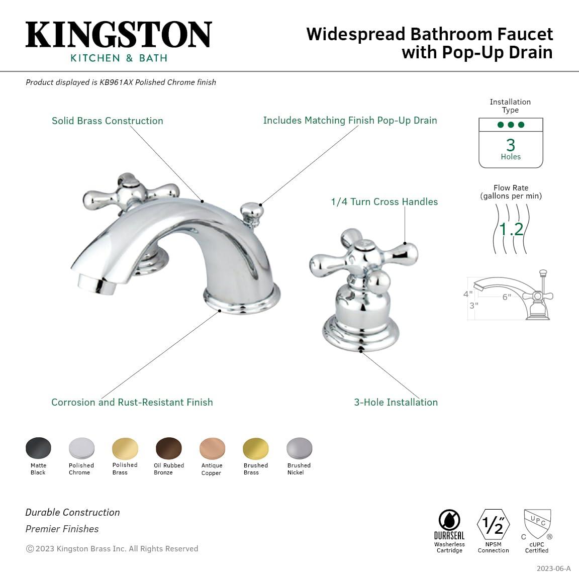 Kingston Brass Victorian Two-Handle 3-Hole Deck Mount Widespread Bathroom Faucet with Retail Pop-Up Drain