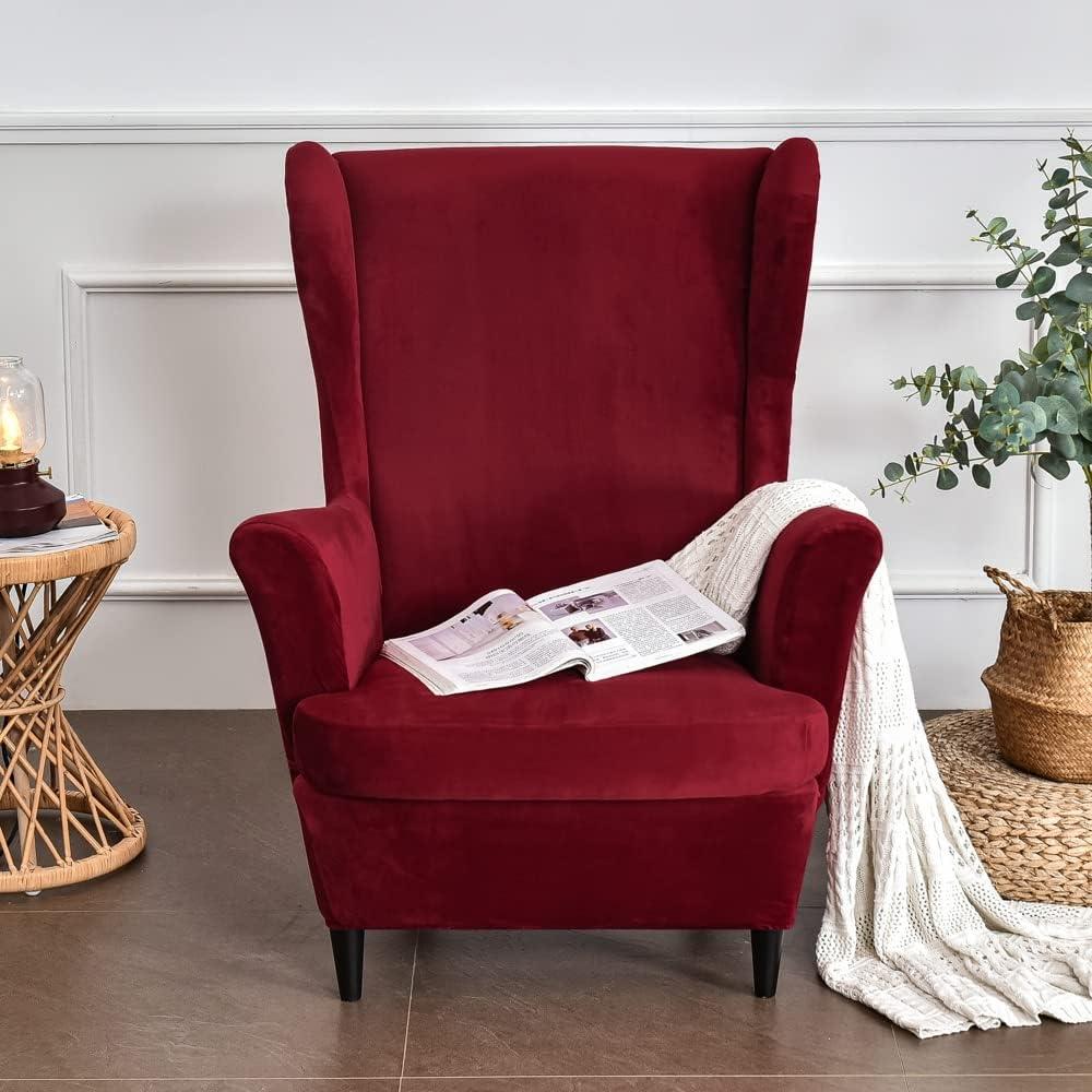 Wine Red Velvet Wingback Armchair Slipcover Set