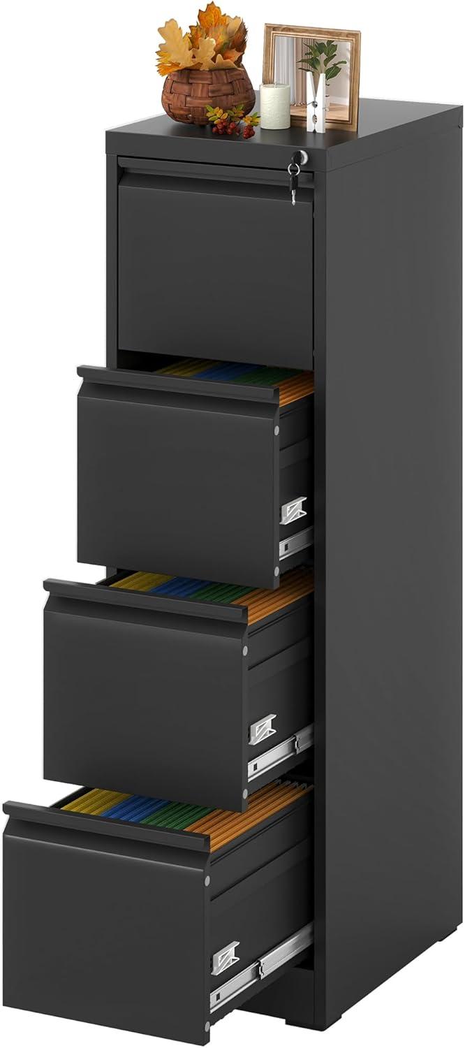 4 Drawer File Cabinet, 17.8" D Metal Filing Cabinets with Lock, Vertical Filing Cabinet for Home Office, Steel File Cabinet for Letter/Legal/A4/F4 Size, Easy Assemble (Black)