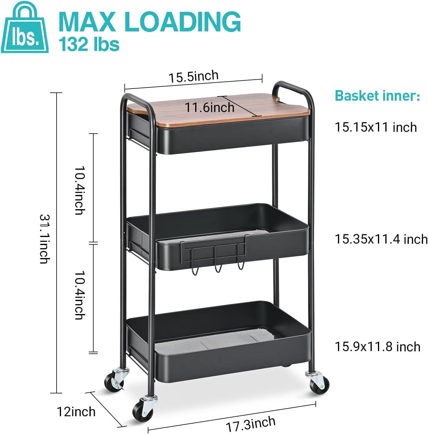 Utility Cart with Wooden Table Top, 3-Tier Metal Rolling Storage Cart, Black Trolley Kitchen Organizer Rolling Desk with Locking Wheels for Office, Classroom, Home