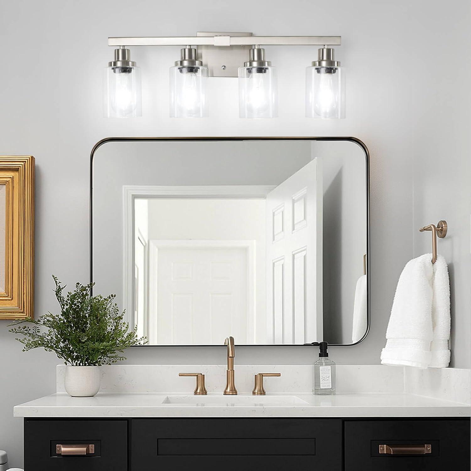 Brushed Nickel 4-Light Bathroom Vanity Fixture with Clear Glass Shades