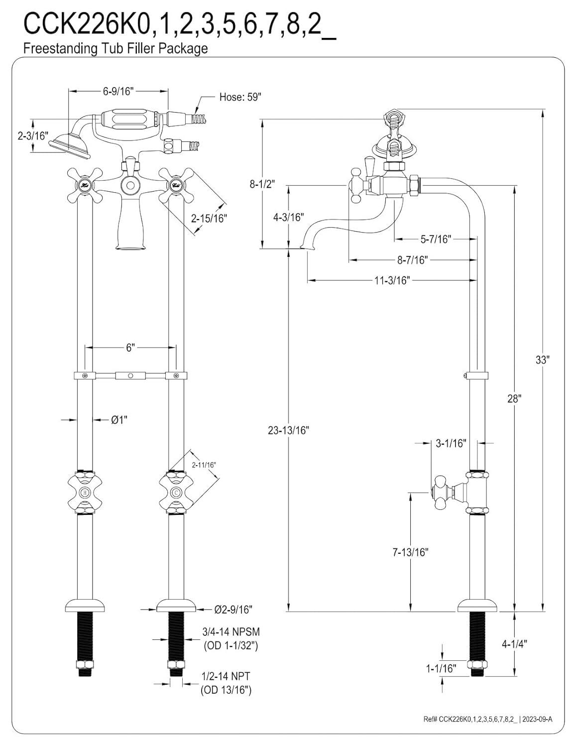 Kingston Brass CCK226K1 Kingston Brass Kingston Three-Handle 2-Hole Freestanding Clawfoot Tub Faucet Package with Supply Line and Stop Valve