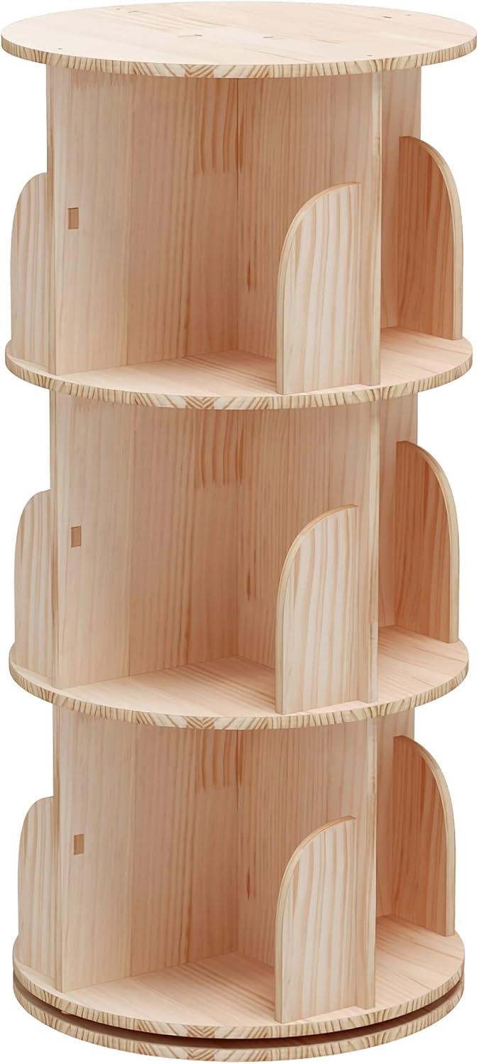 Natural Wood 3-Tier Rotating Stackable Bookshelf Organizer