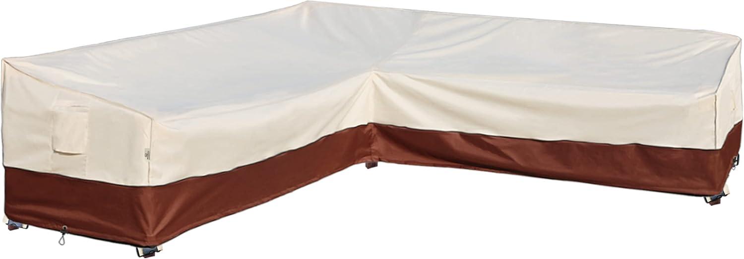 Outdoor Sectional Cover-V-Shaped Garden Patio Furniture Covers Waterproof Rip-Stop Anti-UV 600D Heavy Duty Outdoor Couch Cover with 3 Air Vents Sofa Cover 85''L 33.5''D 31''H,Beige & Reddish Brown