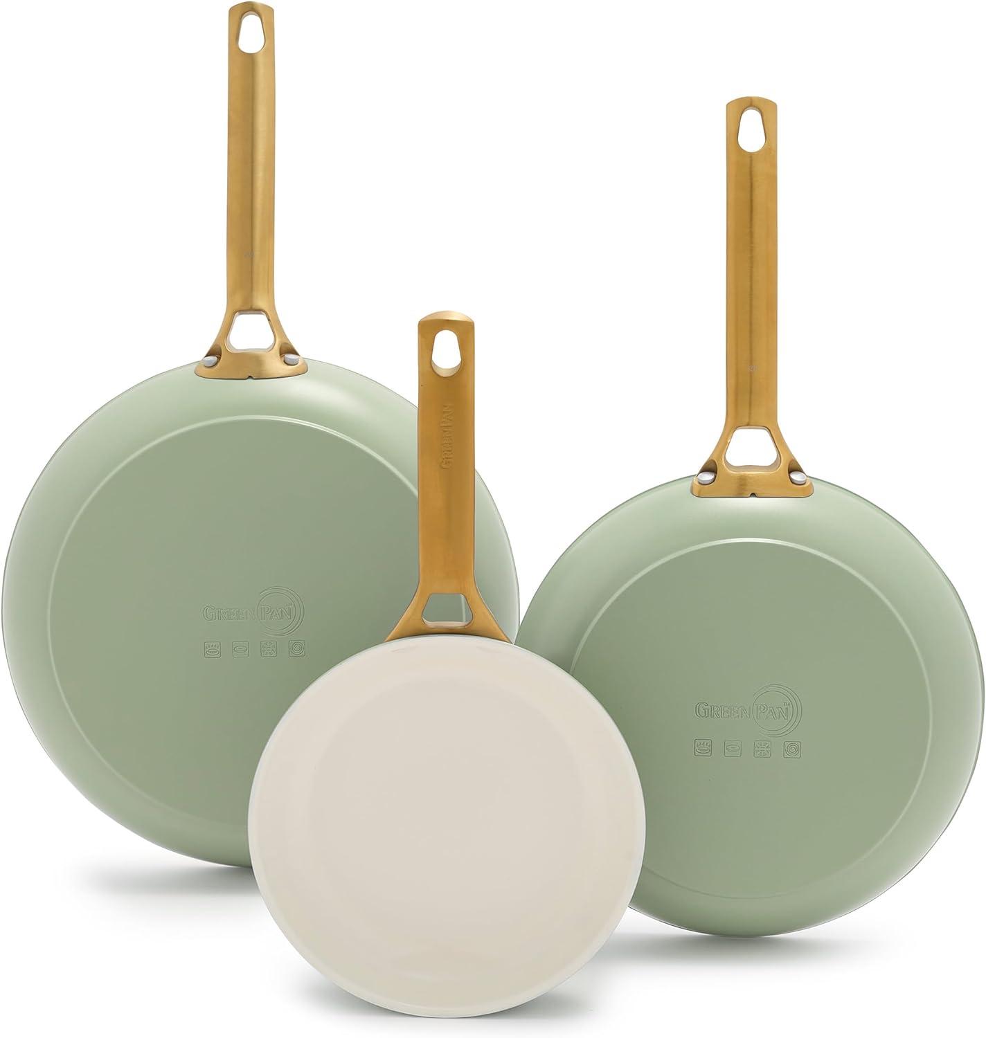 Sage Green Aluminum Ceramic Nonstick Fry Pan Set with Gold Handles