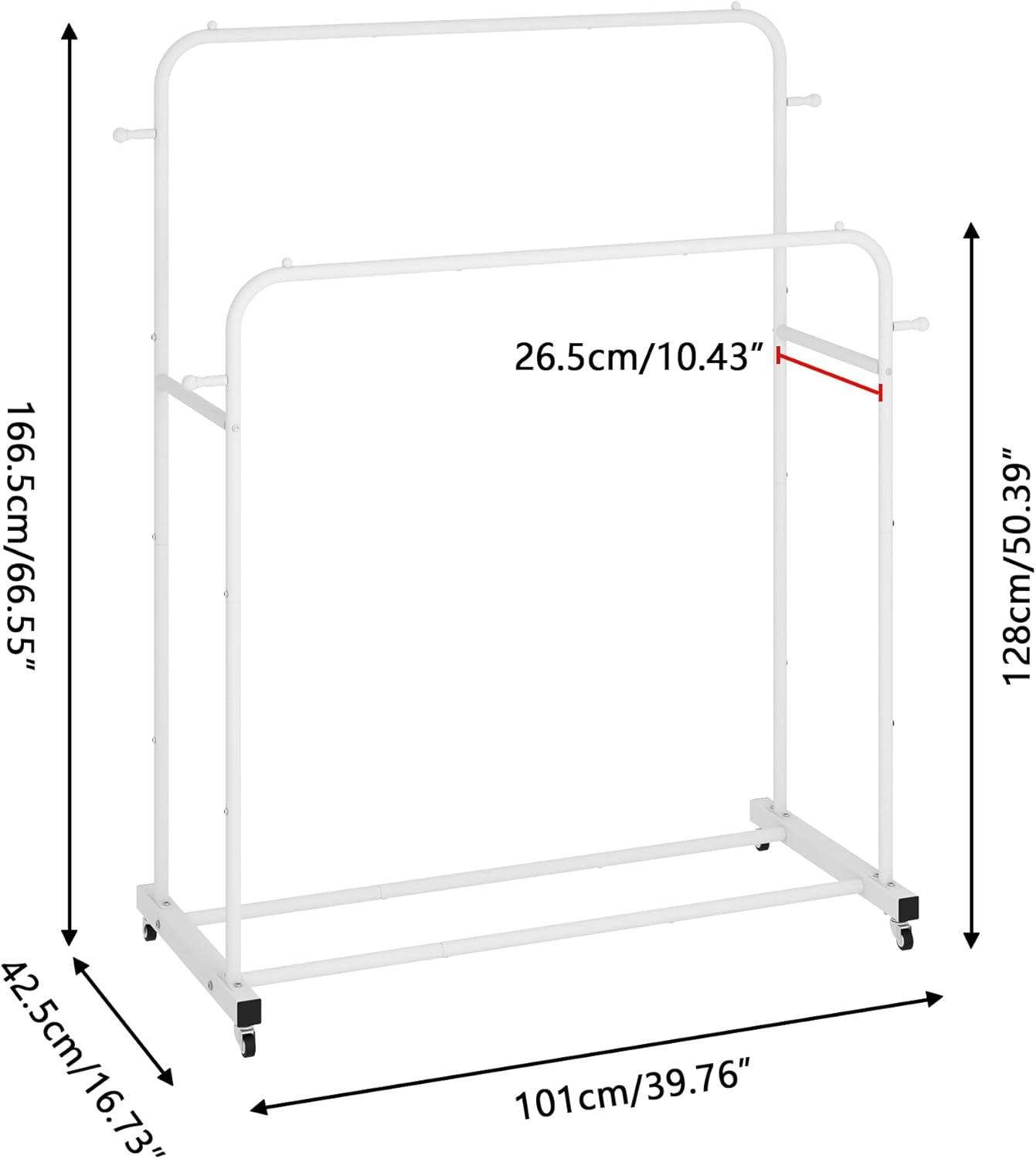 White Double Rods Garment Rack with Wheels and Hooks