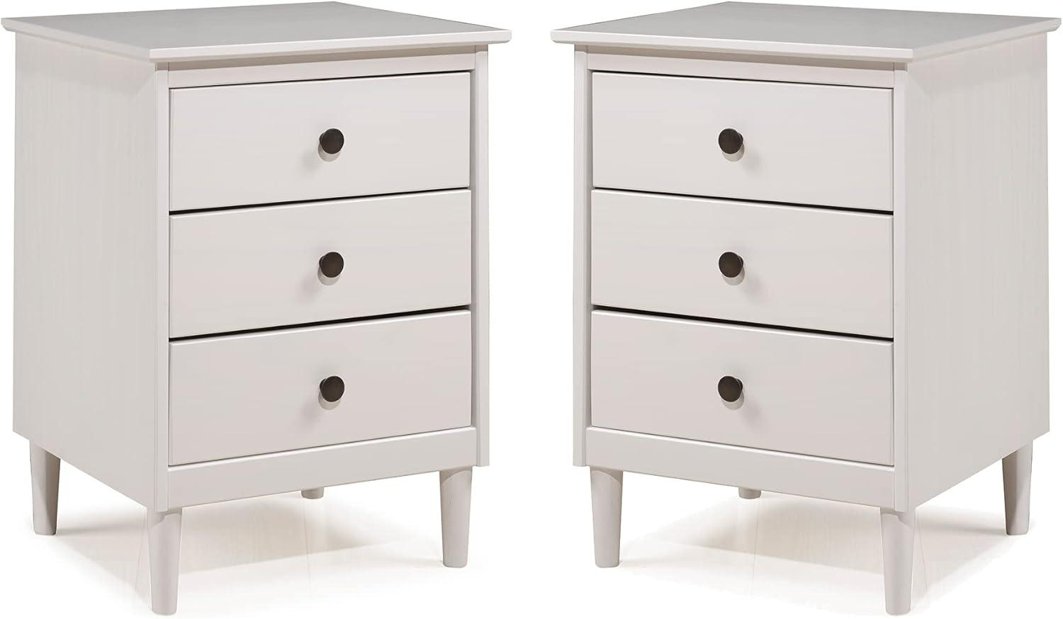 Mid-Century Solid Wood 3-Drawer Bedroom Nightstand in White (Set of 2)