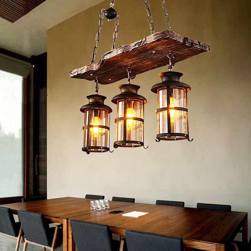 3-Light Rustic Kitchen Island Pendant Lamp Farmhouse Wood Iron Chandelier Industrial Ceiling Hanging Light with Glass Lampshade for Dining Living Room Restaurant Cafe Bar 39.4 x 27 in E26/E27 Base