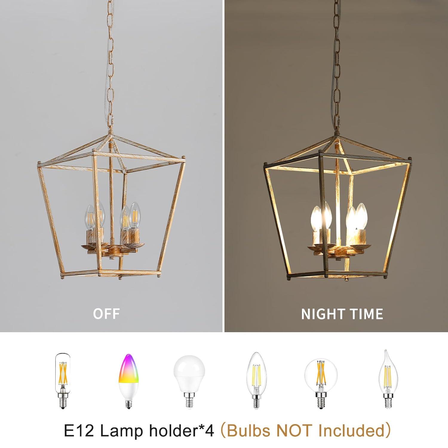 Rustic Lantern Chandeliers 4-Light Ceiling Cage Hanging Lights Gold Pendant Light Fixtures for Kitchen Island Dining Room Farmhouse Entryway Foyer
