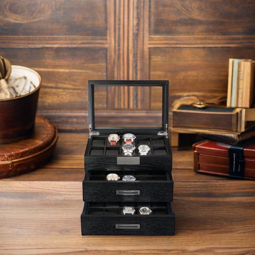 30-Piece Black Ebony Wood Watch Extra Height Clearance Display Case and 3 Drawer Storage Organizer Box