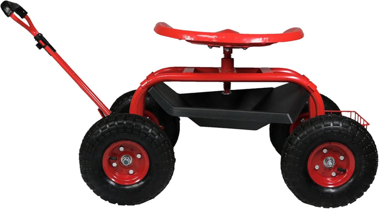 Sunnydaze Outdoor Heavy-Duty Steel Rolling Gardening Cart with Extendable Steer Handle, Swivel Chair, Tool Tray, and Basket - Red